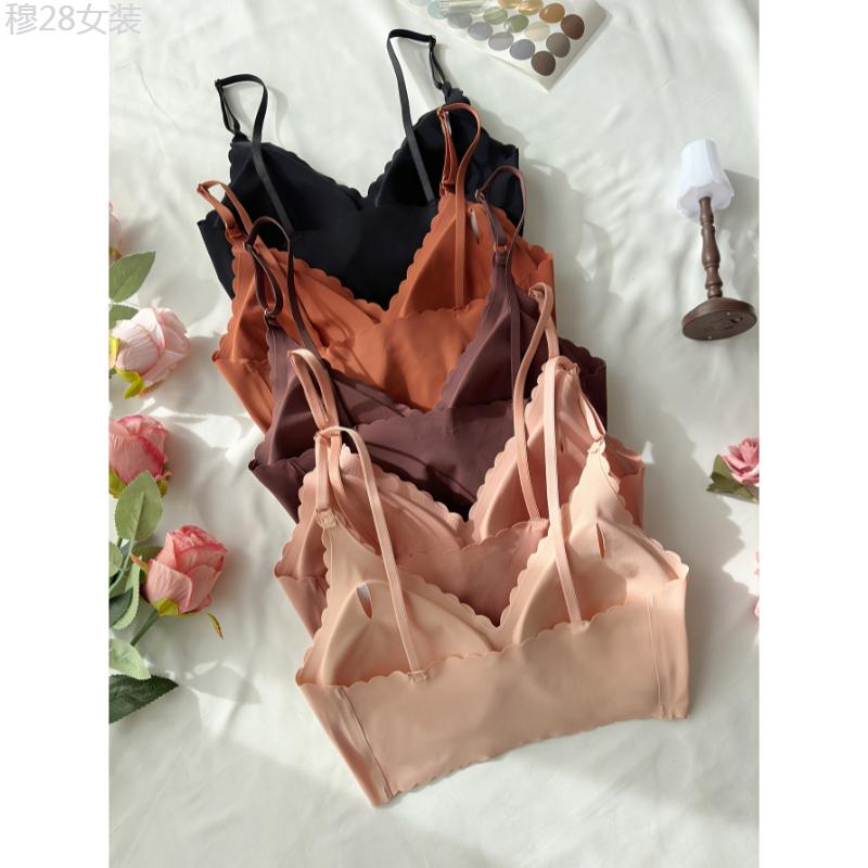 5 Pcs Solid Bras, Elegant Scallop Trim Seamless T-shirt Bra with Adjustable Strap, Women's Lingerie & Underwear Comfort Fabric