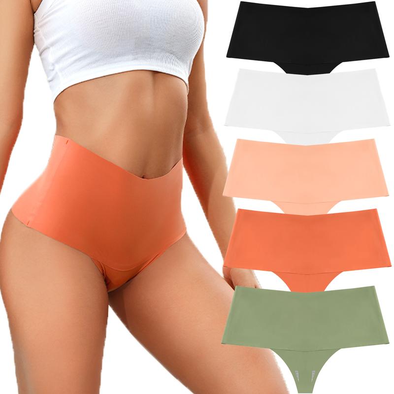 Womens Underwear High Waisted Seamless Thongs for Women Breathable No Show Panties for Ladies 5 Pack Seamless V-Waist