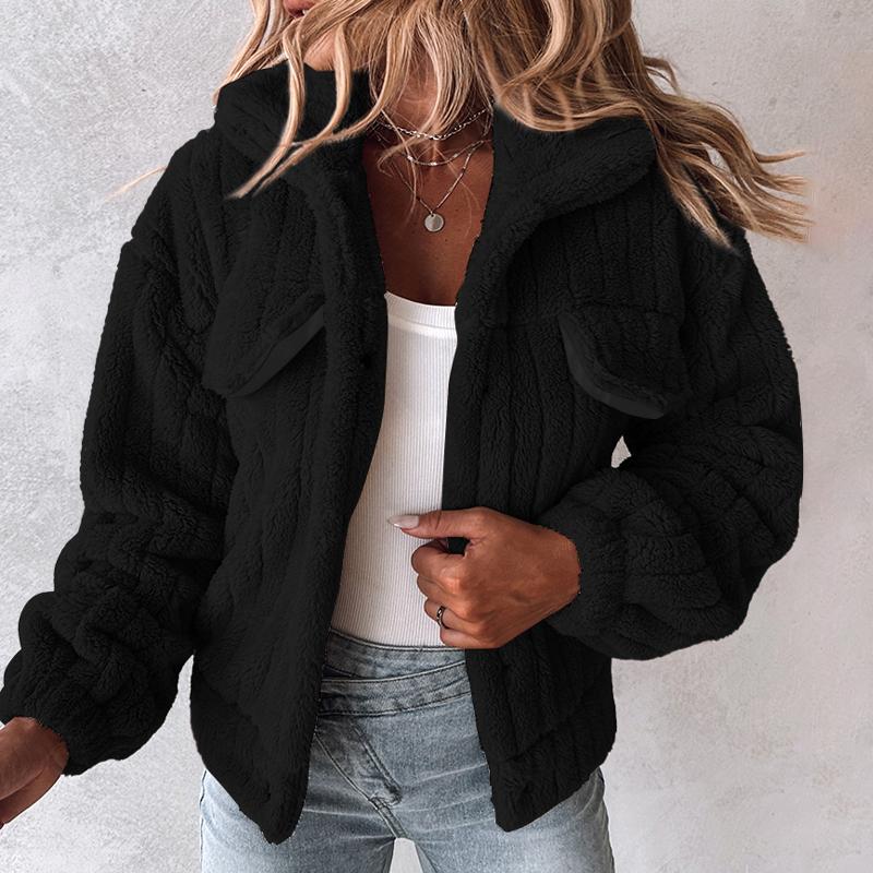 ChicMe Women's Turn-down Collar Button Down Teddy Jacket Long Sleeve Flap Detail Thermal Winter Coat Casual Womenswear