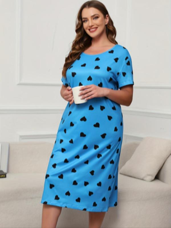  All Over Heart & Polka Dot Print Drop Shoulder Nightdress, Casual Comfy Short Sleeve Round Neck Nightgown for Women, Women's Plus Size Sleepwear for All Seasons