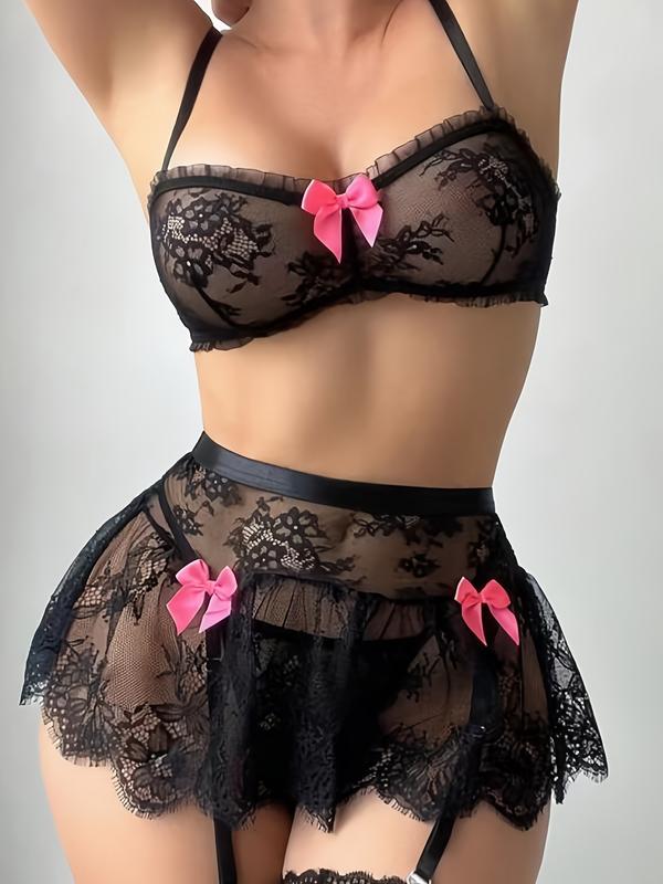 Women's Lace Sheer Bowknot Bralettes and Thong with Ruffle Skirt Stockings Lingerie Set