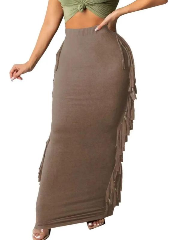 Women's Fringe Trim High Waist Pencil Skirt, Elegant Solid Color Long Skirt for Party Evening Formal Occasions, Back To School Outfits, Skirts for Women, Ladies Fall Outfits, Maxi Skirt, Back To School Clothes Girls