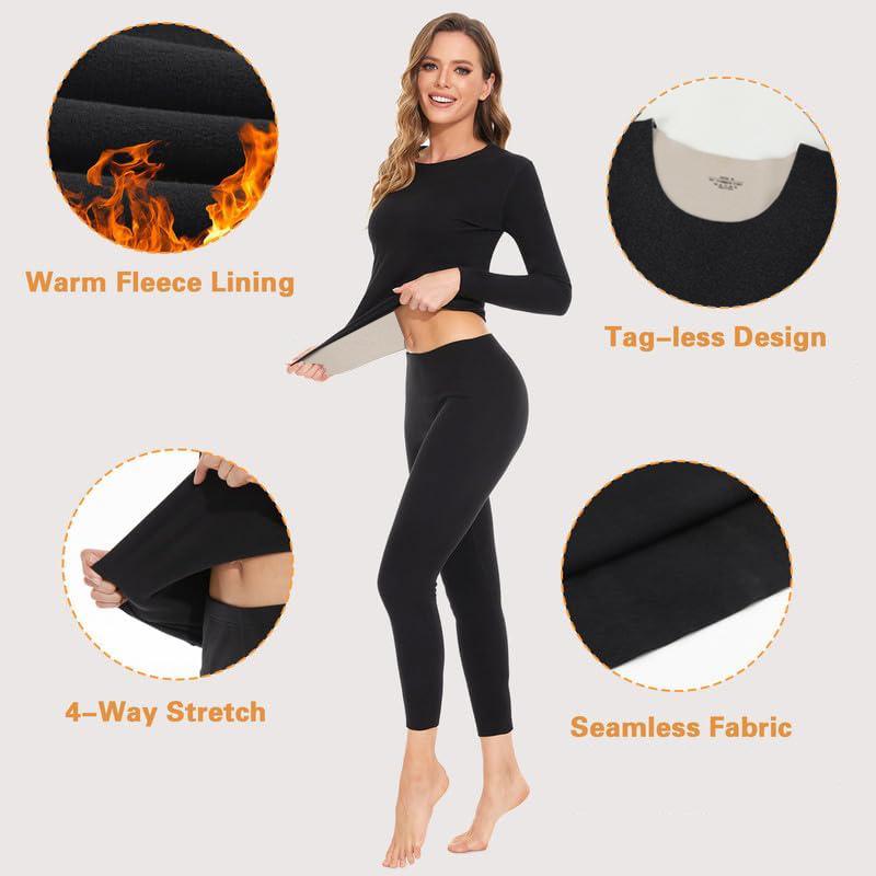 Womens Thermal Underwear Set, Soft Warm Long Johns Base Layer Set For Women with Fleece Lined Long Sleeve Top Bottom Cold Weather Ski