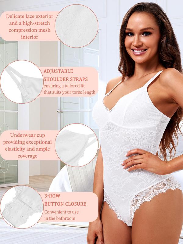 Bodysuit for Women, Tummy Control Cami Shapewear, Women's V-neck Sexy Lace Breast Support Adjustable Shaper for Bridal Bodysuit, Tummy Control Clothing Bodysuits, Body Shapewear