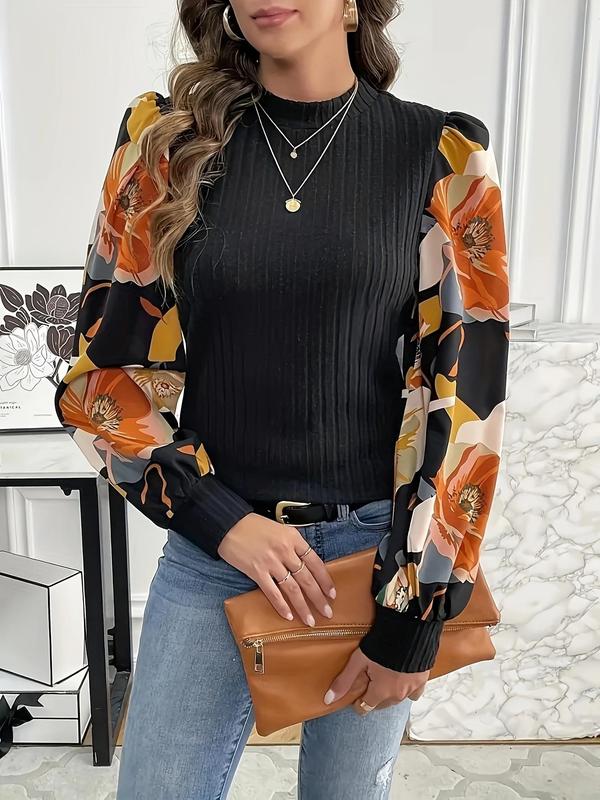  Floral Patchwork Print Contrast Mesh Bishop Sleeve Tee, Elegant Mock Neck Long Sleeve Top for Fall & Winter, Women's Clothes for Daily Wear