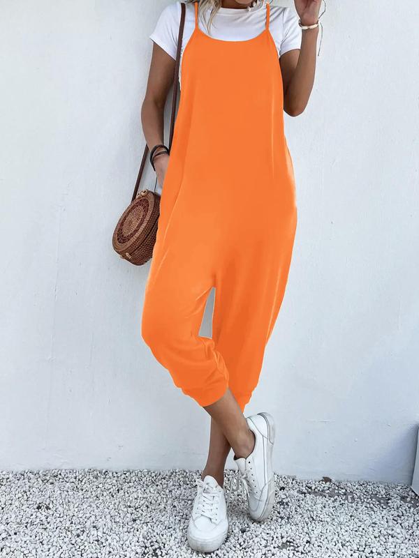 Women's Solid Sleeveless Overalls Cropped Jumpsuit for Spring, Back To School Summer Clothes Women, Trendy Cozy One-piece Jumpsuit, Lady's Comfort Minimalist Basic New Fall Bodysuit, Overalls Jumpsuit, Womenswear Clothes, Please Purchase A Size Up