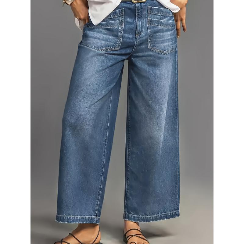 Vintage-Inspired Mid-Rise Wide Leg Jeans for Women - Casual Denim with Frayed Hem & Slant Pockets, Stretch Cotton Blend Womenswear Bottom