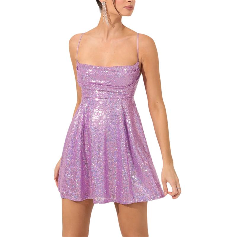 Women s Sexy Sequin Halter Mini Dress Backless Glitter Spagetti Straps Ruched Sparkly Swing A-Line Dinner Dress