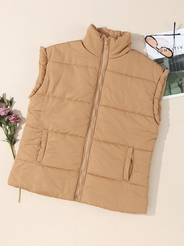 Women's Solid Color Zip Up Vest Jacket, Casual Sleeveless Open Front Outerwear for Fall & Winter, Ladies Clothes for Daily Wear