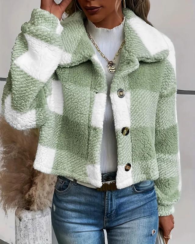 ChicMe Women's Plaid Pattern Turn-down Collar Teddy Coat Button Front Fleece Thermal Jacket Casual Comfort Outerwear Womenswear Tops Overall Fabric