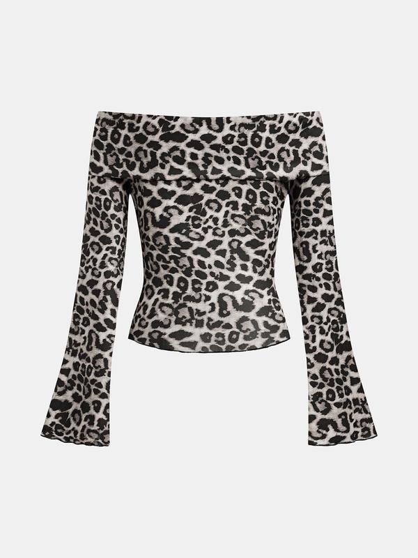 YOZY Black Friday Deals Women's Leopard Print Off Shoulder Flounce Sleeve Ribbed Tee, Casual Top, Long Sleeve T-shirt for Daily Wear, Ladies Clothes for All Seasons, Christmas 2024 Trend, Thanksgiving Clothes, Fall Clothes, Winter Clothes