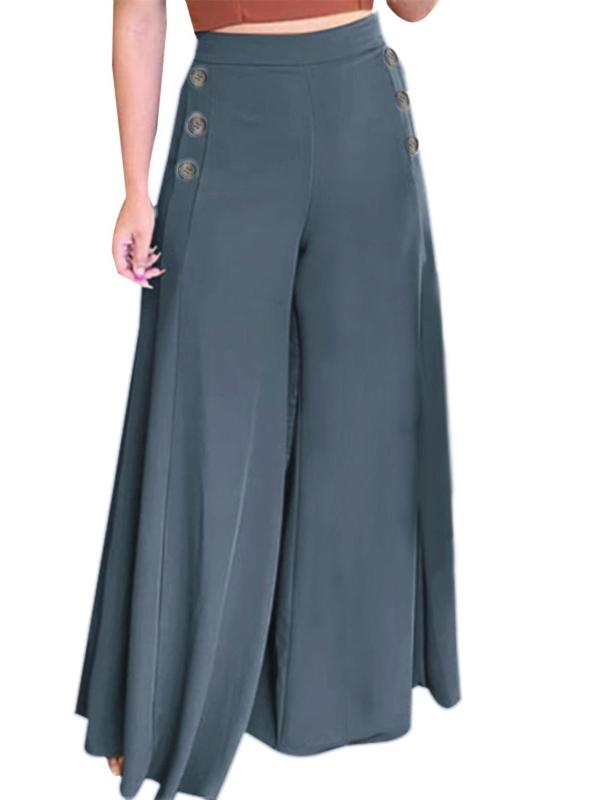 Women's Solid Button Wide Leg Trousers, Casual Comfy Palazzo Pants for Daily Wear, Ladies Bottoms for All Seasons