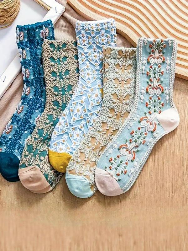 Women's Colorblock Jacquard Crew Socks, Vintage Style Comfy Socks for Daily Wear, Ladies Socks for All Seasons