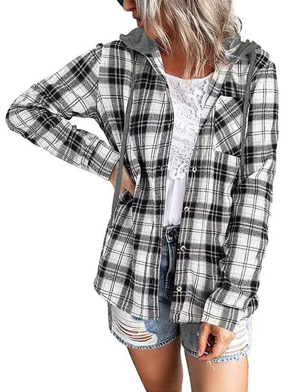 Women's Plaid Print Button Front Drawstring Hooded Jacket, Casual Pocket Drop Shoulder Long Sleeve Outerwear for Fall, Jackets for Women, Women's Clothing for Daily Wear