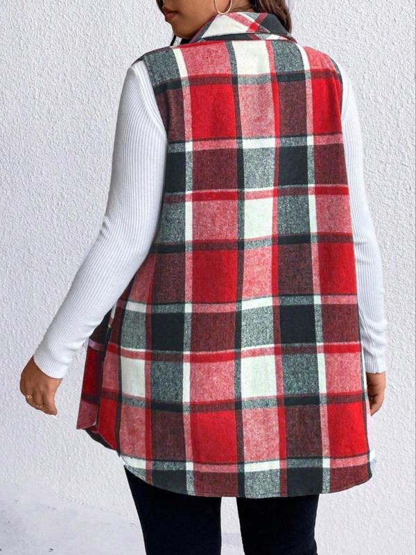 Women's Plaid Print Button Front Fake Pocket Vest Coat, Casual Sleeveless Collared Outerwear for Fall & Winter, Ladies Clothes for Daily Wear