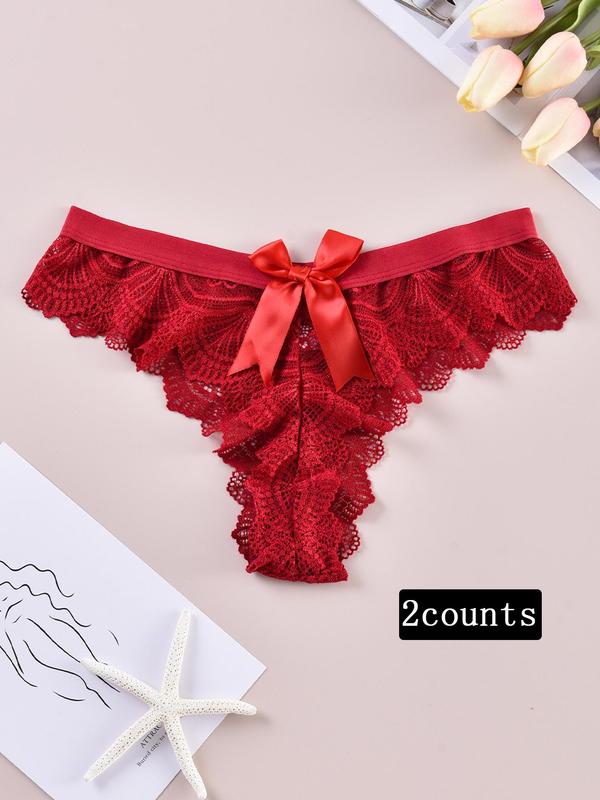 Women's Bow Decor Lace Panty, Soft Comfy Breathable Knicker for Daily Wear, Women's Underwear for All Seasons