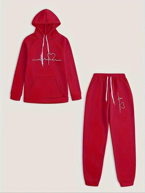 Two-piece Set Women's Heart Print Raglan Sleeve Hoodie & Drawstring Waist Sweatpants Set, Casual Long Sleeve Hooded Pullover & Pocket Jogger Pants, Two Piece Set Women, Women's Fall & Winter Clothes