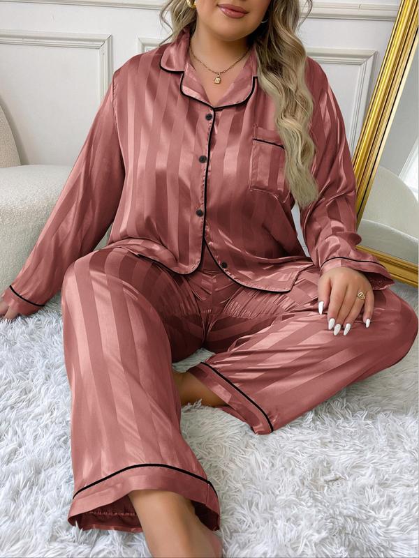 @ShopwithJulie Collection Plus Size Women's Contrast Binding Satin Pyjama Set, Fashion Lapel Pocket Button Shirt & Elastic Waist PJ Pants, Women's Plus Sleepwear Lounge Set