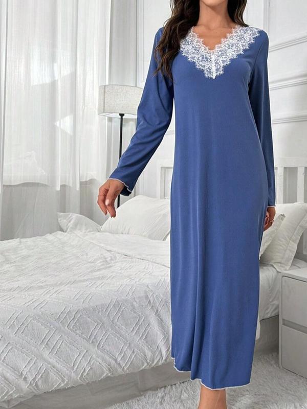 Women's Contrast Lace V Neck Nightdress, Casual Long Sleeve Nightgown for All Seasons, Soft Comfy Sleepwear for Women