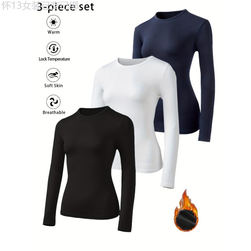 3 Piece Set - Soft, Warm, and Cozy Long Sleeve Solid Color Thermal Round Neck T-Shirts for Women - Perfect for Cold Weather, Daily Wear, and Layering Under Clothing Fabric Womenswear Collar Polyester Comfort Knit Comfort Knit Basic Crewneck Minimalist