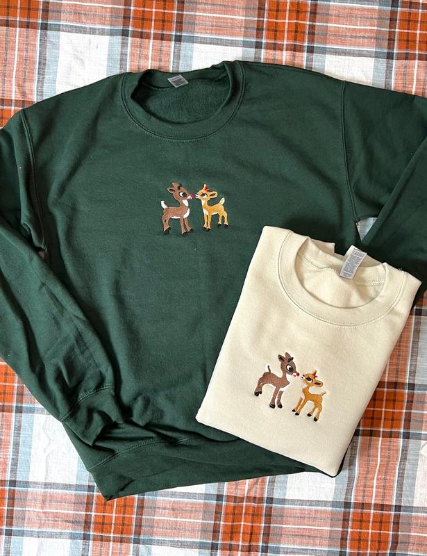 Christmas Embroidered Sweatshirt, Christmas Rudolph And Clarice Embroidered Matching Couple Shirt, Christmas Embroidered Gift For Her Him