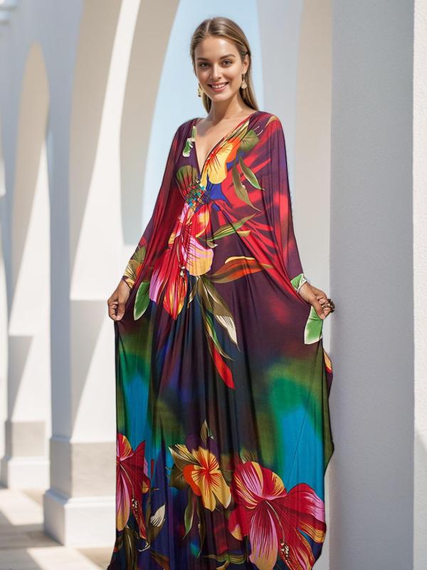 Plus Size All Over Print Batwing Sleeve Kaftan Dress, Boho V Neck Split Cover Up Dress for Beach Holiday, Muumuu Dress, Dresses for Women, Women's Clothes for Daily Wear