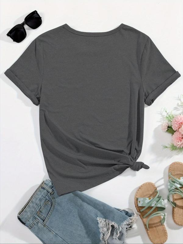 Women's Letter & Leaf Print Round Neck Tee, Casual Short Sleeve Crew Neck T-Shirt for Summer, Fashion Women's Top for Daily Wear