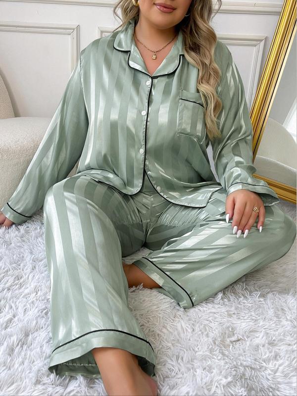 @ShopwithJulie Collection Plus Size Women's Contrast Binding Satin Pyjama Set, Fashion Lapel Pocket Button Shirt & Elastic Waist PJ Pants, Women's Plus Sleepwear Lounge Set