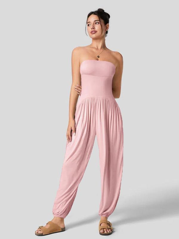 Women's Solid Backless Pocket Tube Jumpsuit, Casual Basic Minimalist Strapless Jumpsuit for Summer, Ladies Clothes for Daily Wear