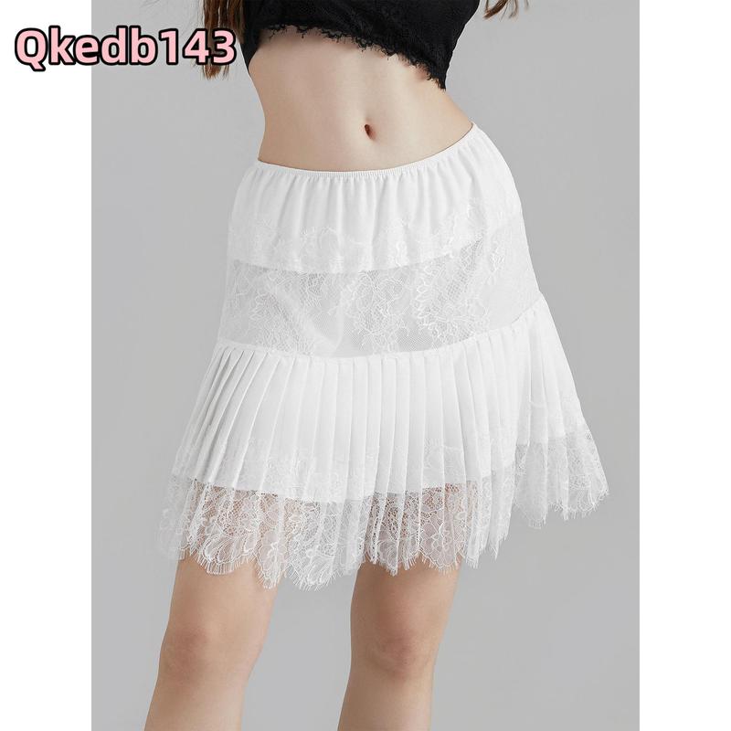 Women Y2k Lace Slip Skirt Elastic Low Rise Mini Skirts Pleated Half Slip Short Skirt Flowy Short Skirt Streetwear High Waist Ruffle Mini Skirt Cute Tiered Short Skirt with Shorts