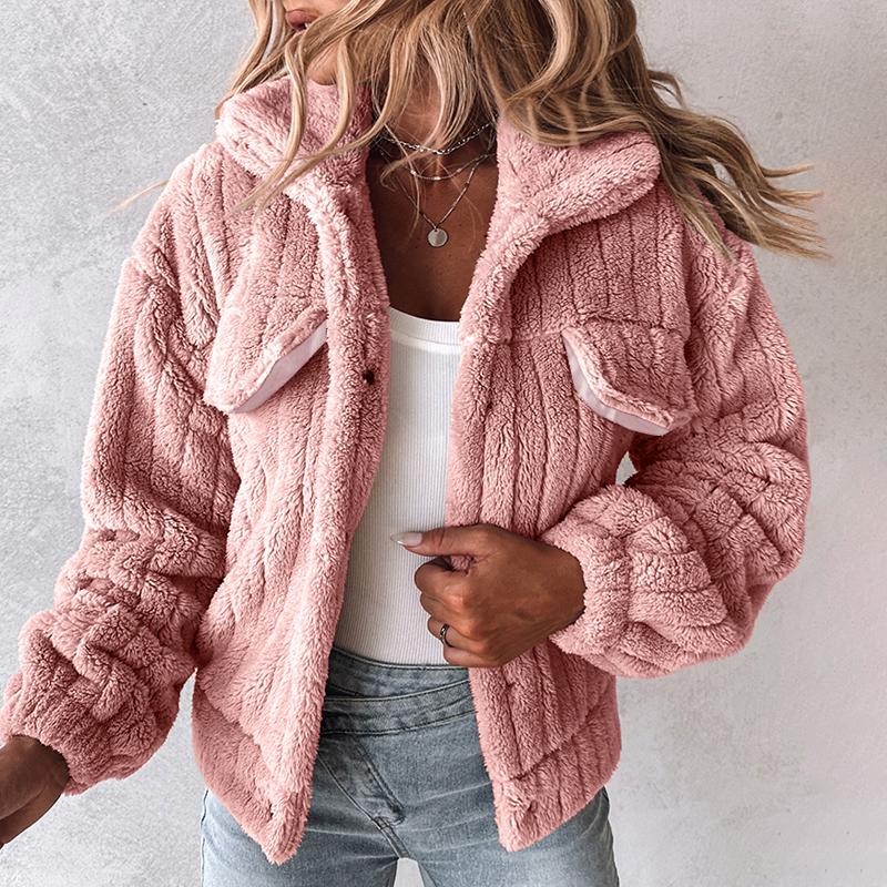 ChicMe Women's Turn-down Collar Button Down Teddy Jacket Long Sleeve Flap Detail Thermal Winter Coat Casual Womenswear