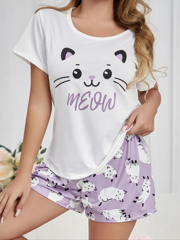 Two-Piece Set Women's Cartoon Cat Print Tee & Shorts Pyjama Set, Casual Comfy Round Neck Short Sleeve T-shirt & Shorts Pj Set, Ladies Sleepwear for All Seasons