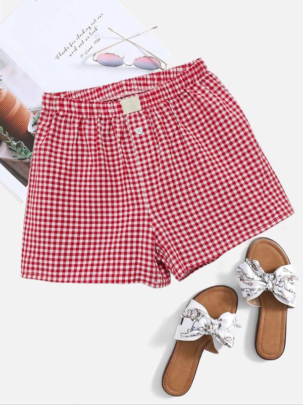 Women's Plaid Print Fake Buttons Shorts, Casual Comfy Patched Wide Leg Shorts for Daily Wear, Shorts for Women, Ladies Bottoms for All Seasons