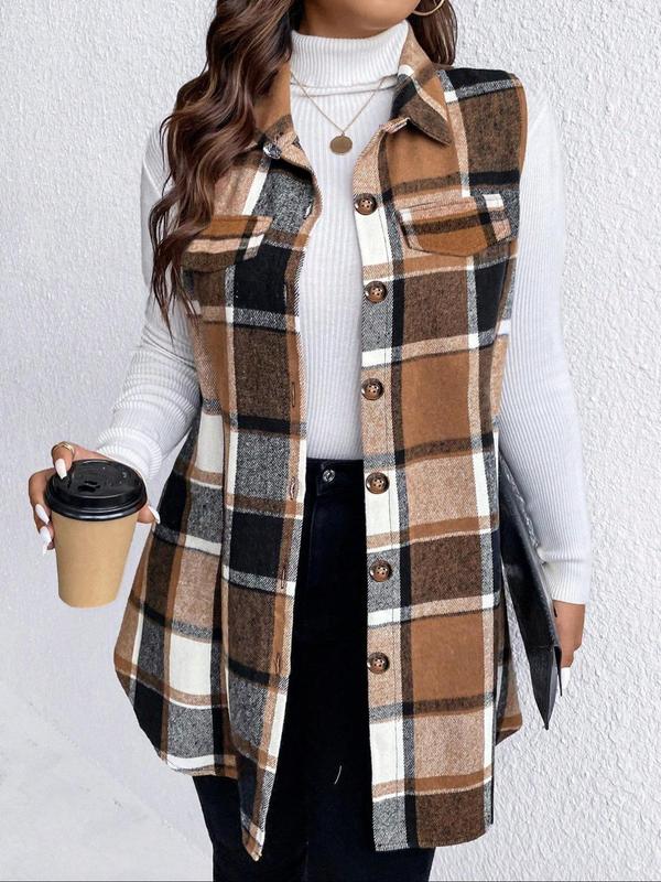 Women's Plaid Print Button Front Fake Pocket Vest Coat, Casual Sleeveless Collared Outerwear for Fall & Winter, Ladies Clothes for Daily Wear