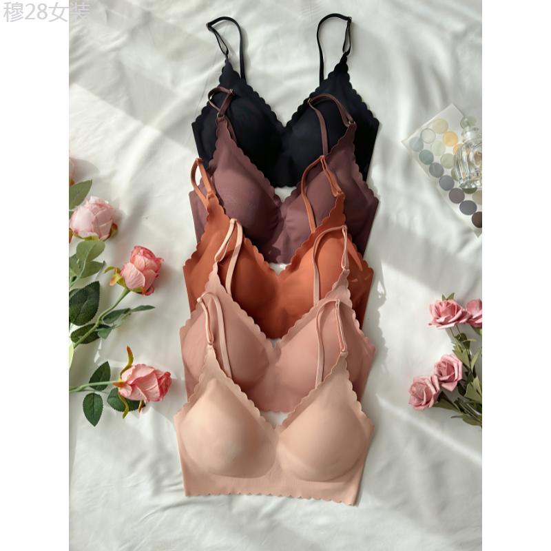 5 Pcs Solid Bras, Elegant Scallop Trim Seamless T-shirt Bra with Adjustable Strap, Women's Lingerie & Underwear Comfort Fabric