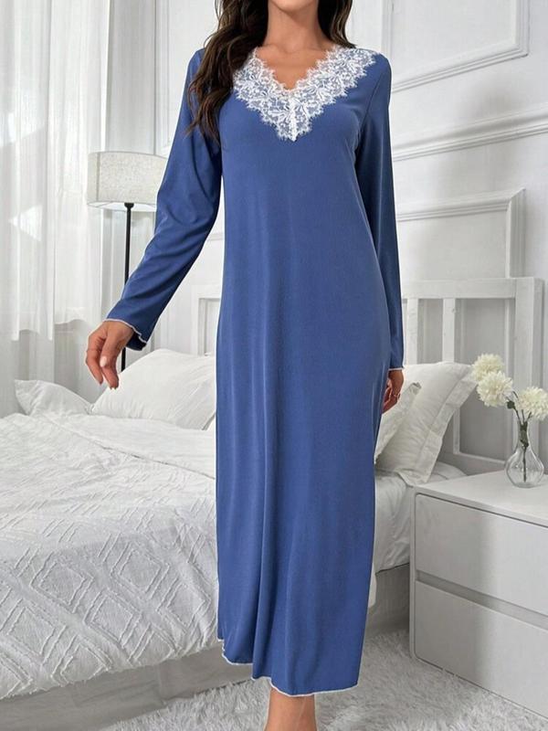 Women's Contrast Lace V Neck Nightdress, Casual Long Sleeve Nightgown for All Seasons, Soft Comfy Sleepwear for Women