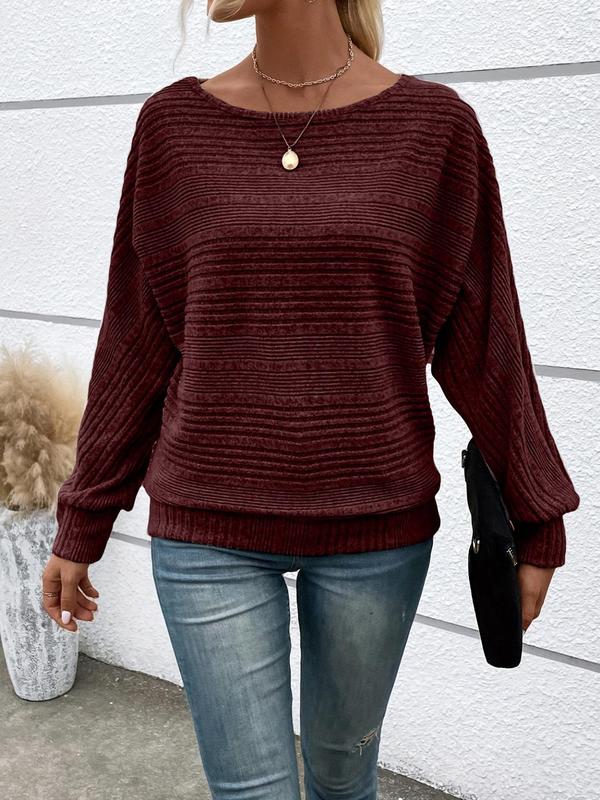 Women's Plain Ribbed Batwing Sleeve Boat Neck Sweater, Casual Long Sleeve Jumper for Spring & Fall, Fashion Women's Knitwear for Daily Wear