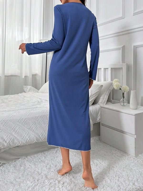 Women's Contrast Lace V Neck Nightdress, Casual Long Sleeve Nightgown for All Seasons, Soft Comfy Sleepwear for Women