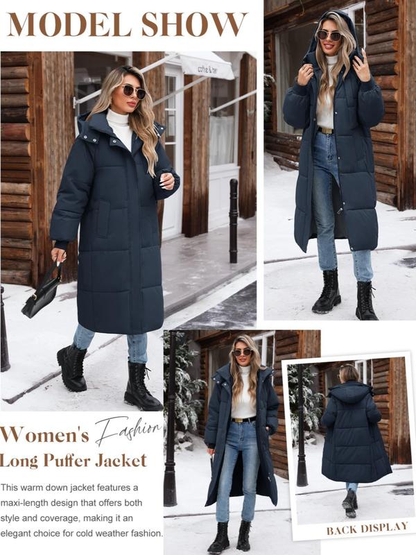 Women's Solid Button Front Zipper  Hooded Longline Quilted Jacket, Casual Long Sleeve Pocket Design Outerwear for Fall & Winter, Women's Clothing for Daily Wear