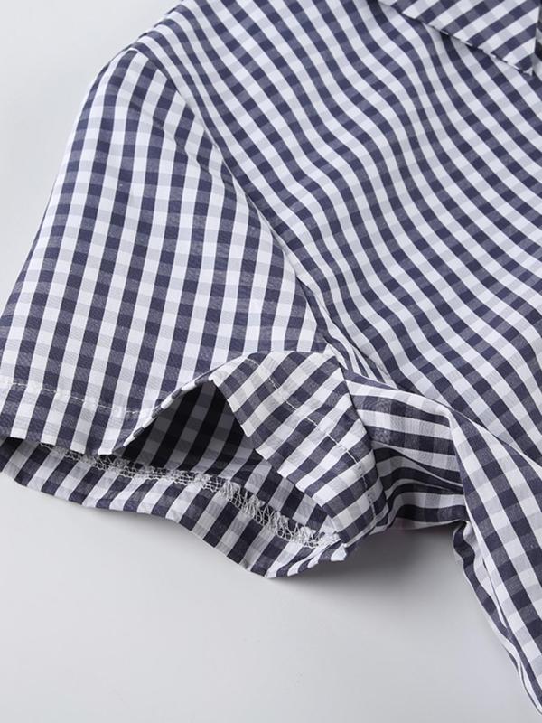 Women's Gingham Print Curved Hem Crop Shirt, Casual Short Sleeve Collared Top for Summer, Women's Clothing for Daily Wear