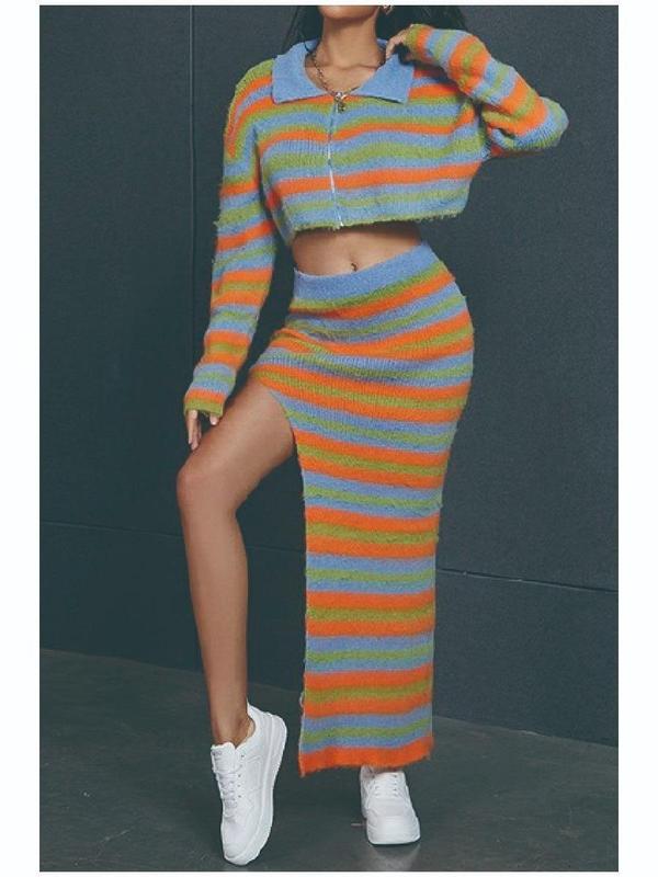 Striped Knitted High Slit Skirt