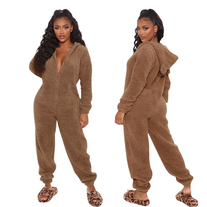 Plush Women's One Piece Nightgown Long Sleeve Jumpsuit Sweater Pullover Warm Home Wear Ladies Hoodie Adult Front Plush Totally and Onesies for New Fashion Pajamas Casual Plush Homewear Pajamas Hooded Jumpsuit