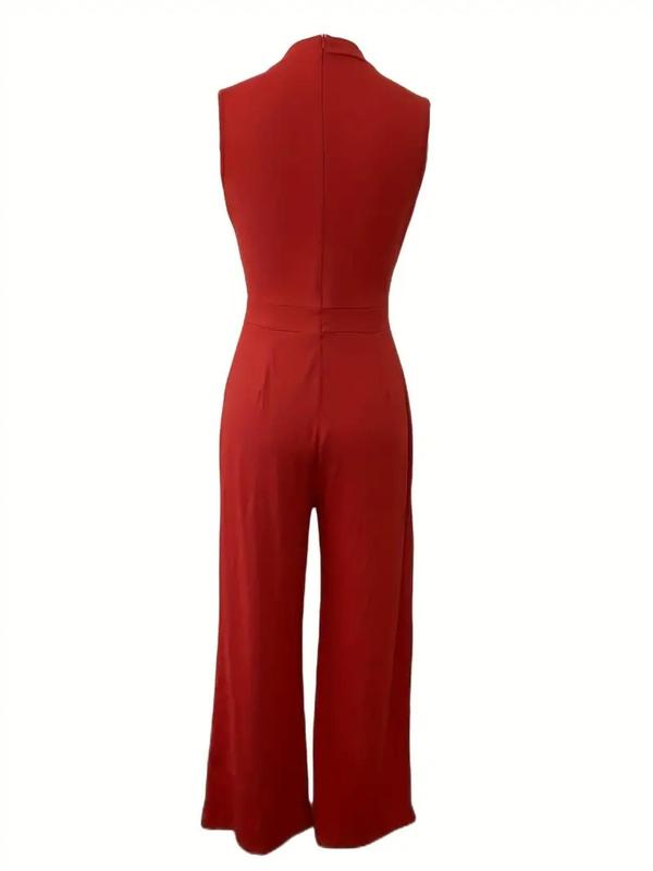 Women's Solid Plicated Zipper Back Mock Neck Jumpsuit, Casual Sleeveless High Waist Jumpsuit for Daily Wear, Ladies Clothes for All Seasons