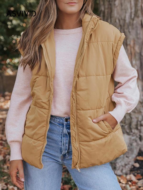 Women's Solid Color Zip Up Vest Jacket, Casual Sleeveless Open Front Outerwear for Fall & Winter, Ladies Clothes for Daily Wear