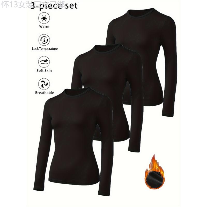 3 Piece Set - Soft, Warm, and Cozy Long Sleeve Solid Color Thermal Round Neck T-Shirts for Women - Perfect for Cold Weather, Daily Wear, and Layering Under Clothing Fabric Womenswear Collar Polyester Comfort Knit Comfort Knit Basic Crewneck Minimalist