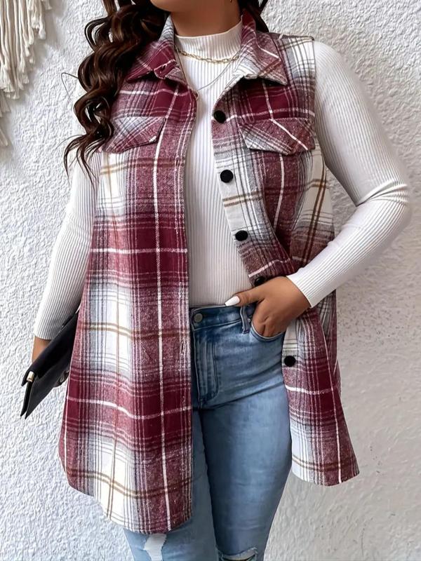  Plaid Print Button Front Waistcoat, Casual Sleeveless Collared Outerwear for Spring & Fall, Women's Plus Size Clothes for Daily Wear, Womenswear