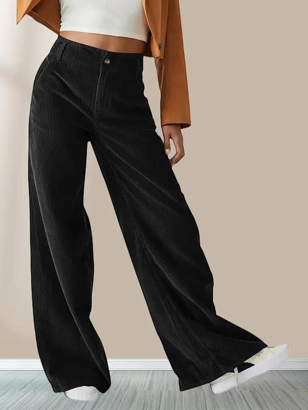 Women's Solid Corduroy Flare Leg Pants, Casual Comfy Trousers for Fall & Winter, Button Waist Design Women's Bottoms for Daily Wear