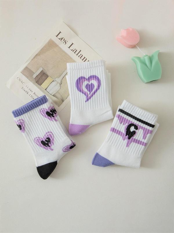 Women's 7 Pairs Heart & Letter Print Crew Socks, Preppy Casual Soft Comfortable Breathable Striped Print Mid-calf Socks for Daily Wear, Multipack Knit Socks for All Seasons