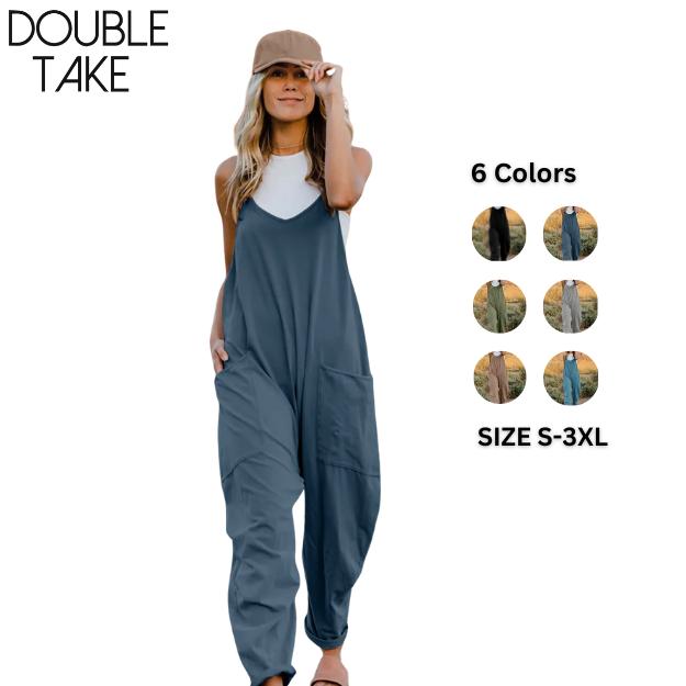 Double Take Full Size V-Neck Sleeveless Jumpsuit with Pockets Womenswear Hip