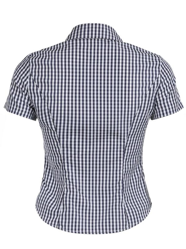 Women's Gingham Print Curved Hem Crop Shirt, Casual Short Sleeve Collared Top for Summer, Women's Clothing for Daily Wear